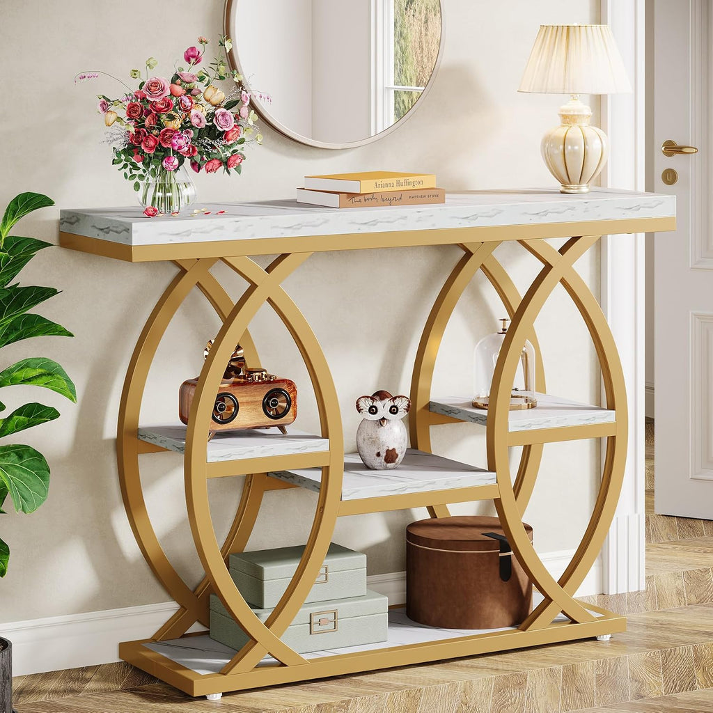 Tribesigns 39.4' Console Table, Industrial 4-Tier Sofa Table Entryway Table with Storage Shelves, Narrow Wood Accent Tables with Metal Frame for Small Spaces, Hallway, Foyer, White Gold