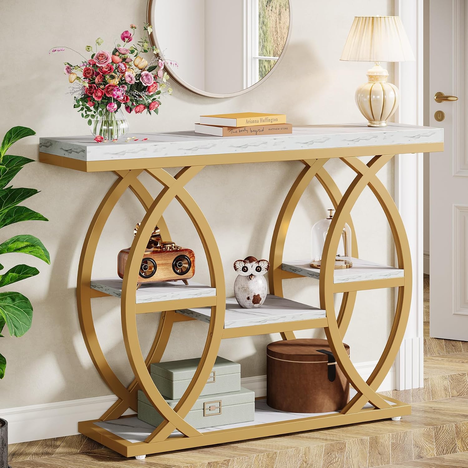 Tribesigns 39.4' Console Table, Industrial 4-Tier Sofa Table Entryway Table with Storage Shelves, Narrow Wood Accent Tables with Metal Frame for Small Spaces, Hallway, Foyer, White Gold