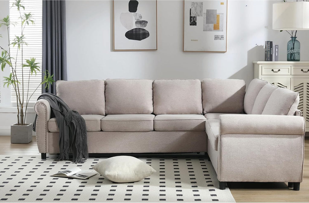 104'' Pull Out Couch, Convertible Sleeper Sofa Bed Queen, Upholstered Sectional Sofa with Mattress, 6-Seater L-Shaped Couch, Modern Sectional Couches for Living Room, Apartment, Studio, Beige