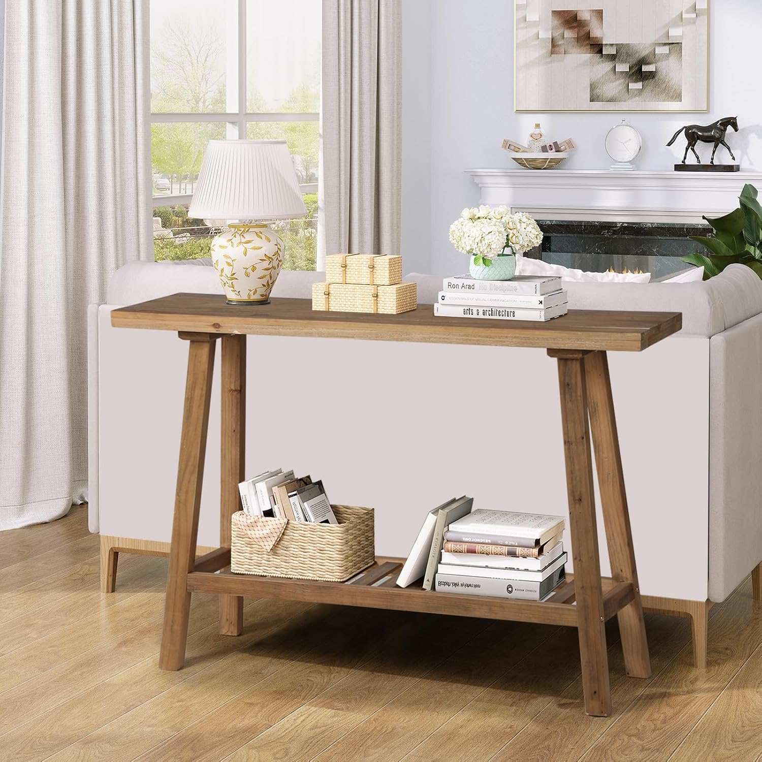 HOKYHOKY Reclaimed Solid Wood Console Table, 43.3' Farmhouse Entryway Table, Narrow Couch Tables Behind Sofa, 2 Tiers Accent Tables for Hallway, Entrance, Foyer, Living Room