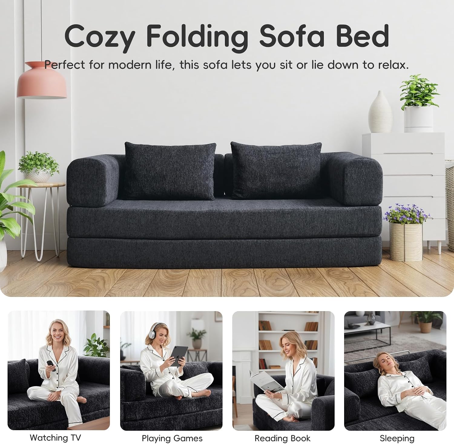 5-in-1 Convertible Folding Sofa Bed, 79' Queen Chenille Boneless Couch with Removable Armrests, No Assembly Loveseat Sleeper Sofa, Modular Futon Couch for Living Room & Bedroom (Black)