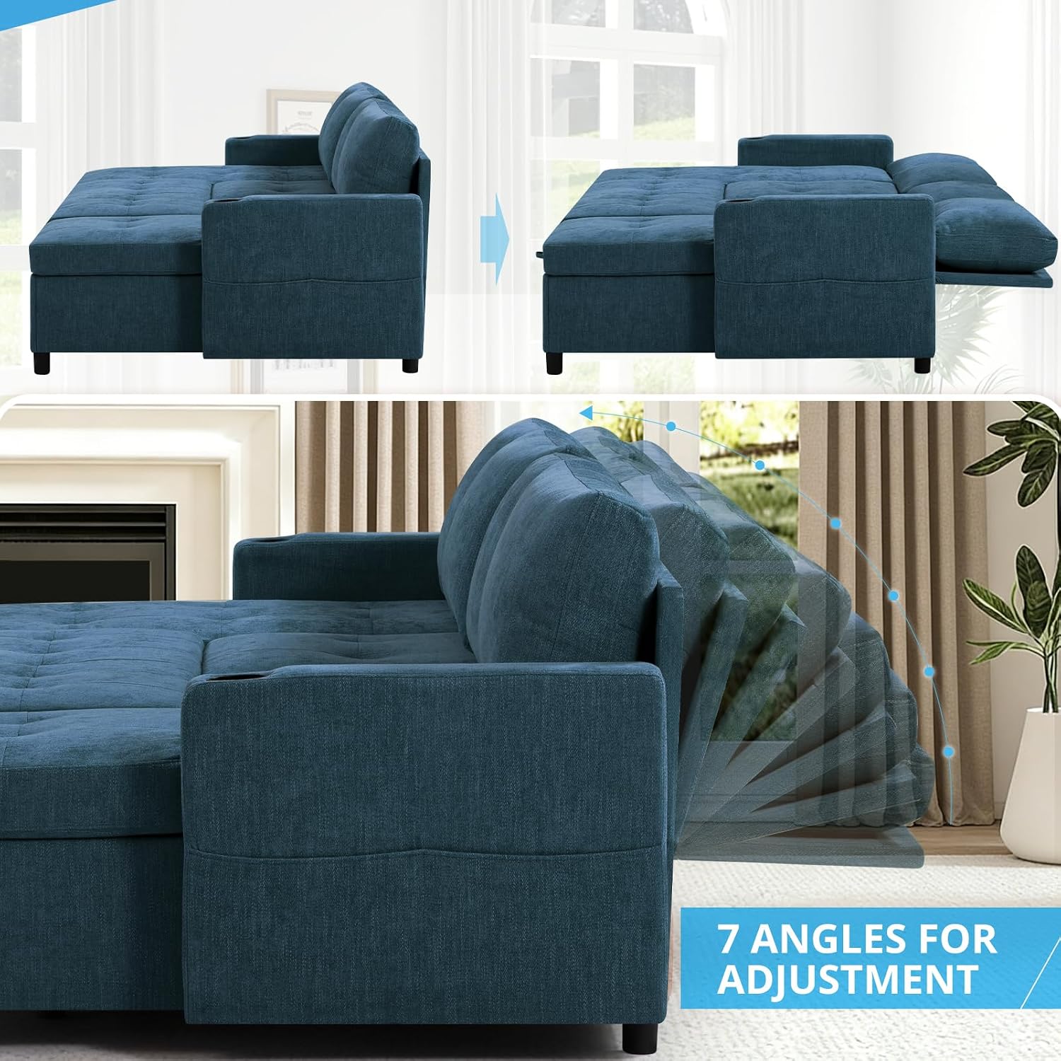 110' Sectional Pull Out Sofa Bed with Adjustable Backrests, U-Shaped Sleeper Sofa with USB Ports, Upholstered Reversible Couch with Cup Holder & Storage Space for Living Room, House, Blue
