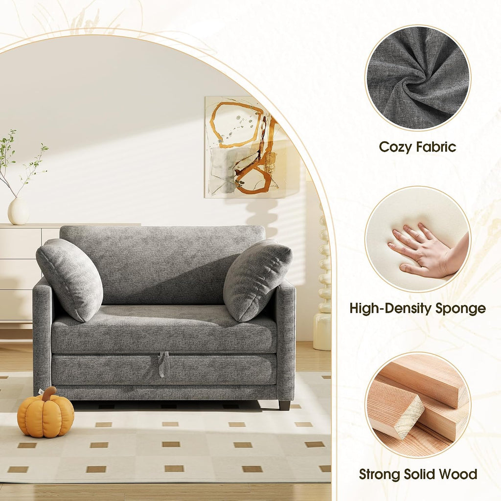 Myroyalsit 51' Convertible Sofa Bed, 2 in1 Folding Sofa Bed, Loveseat Sleeper Sofa for Small Spaces, Fold Out Floor Couch with 2 Pillows for Apartment, Living Room & Guest Room, Grey Chenille Fabric