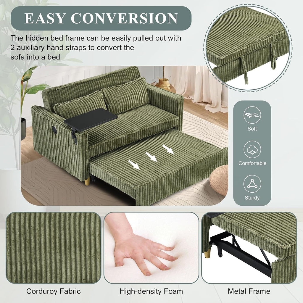 54'W Convertible Sleeper Sofa Bed,3-In-1 Corduroy Pull Out Couch Bed,Futon Loveseat Sleeper Couch with Adjustable Backrest & USB Ports & Side Table,Recliner for Living Room/Office/Small Space(Green)