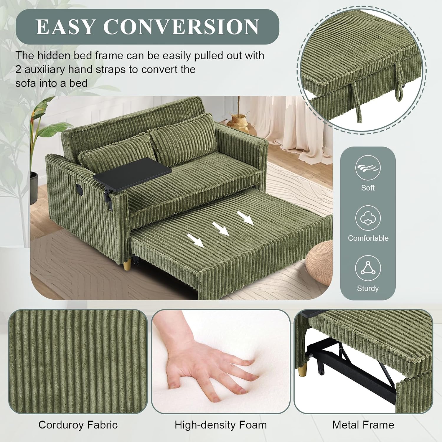 54'W Convertible Sleeper Sofa Bed,3-In-1 Corduroy Pull Out Couch Bed,Futon Loveseat Sleeper Couch with Adjustable Backrest & USB Ports & Side Table,Recliner for Living Room/Office/Small Space(Green)