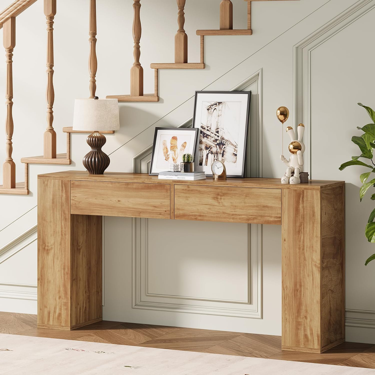 Farmhouse Console Table with LED Light and 2 Drawers, 55 inch Long Sofa Table Behind Couch, Narrow Entry Table for Entryway, Hallway, Entrance, Living Room (Light Brown)