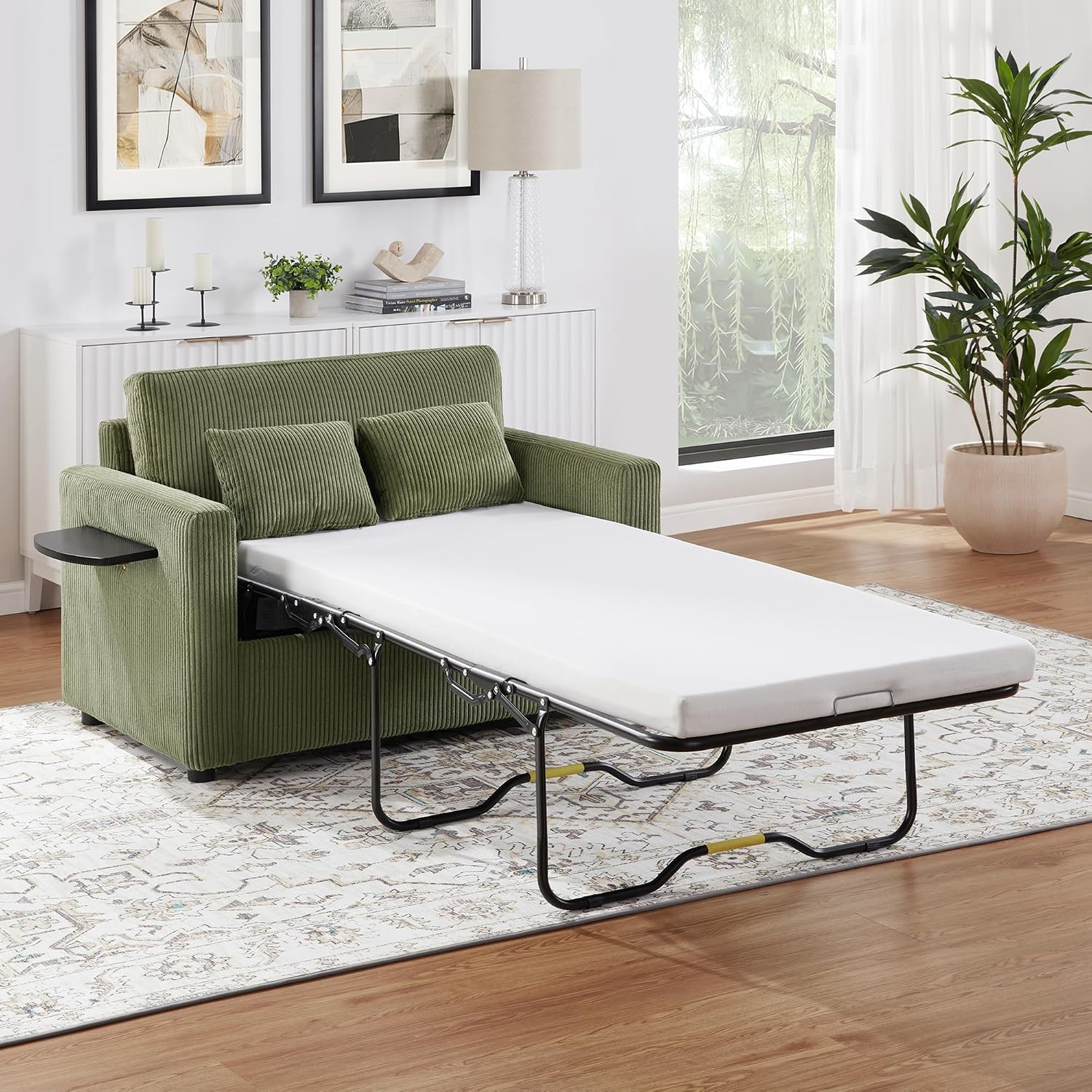 Twin Size Sofa Bed 47.2' Sleeper Sofa Loveseat Sofa with a Foldable Mattress, a Foldable Side Table, a Side Storage Pocket and Two USB Ports for Living Room, Green