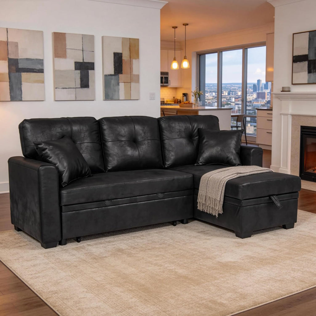71' L-Shaped Couch with Pull Out Bed, Modern Sofa Bed Couch with Storage, Foil Fabric Convertible Sleeper Sofa, Multi-Functional Sectional Couches for Living Room, Apartment, Black