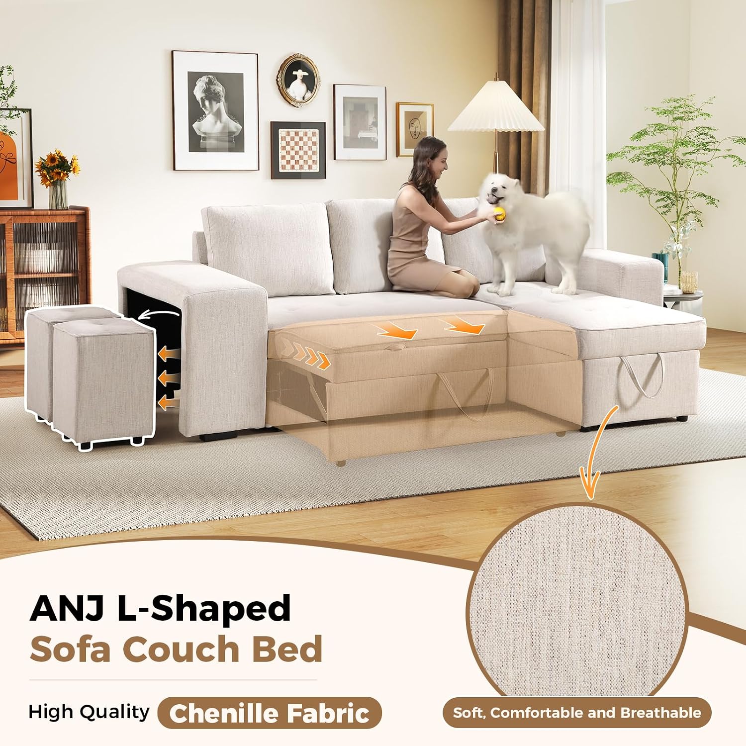 ANJ Chenille Sleeper Sofa Couch with Pullout Bed, 4 in 1 L Shaped Modular Sectional Sofa with Storage Ottoman for Living Room(Beige)