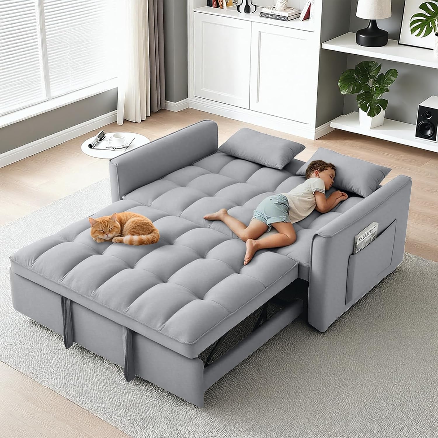 3 in 1 Convertible Sleeper Sofa Bed, 53' Pull Out Sofa Bed with 3-Level Adjustable Backrest, Velvet Fabric Loveseat Sleeper Couch for Living Room & Bedroom & Apartment & Dorm, Light Gray