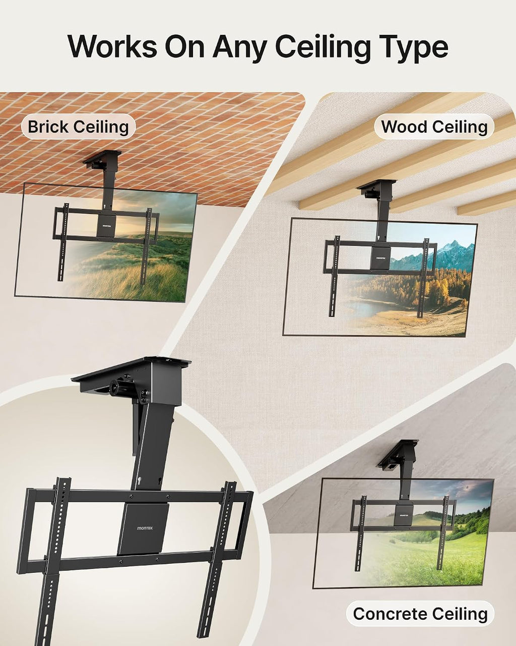 monTEK Motorized Ceiling TV Mount for 43-86 Inch TVs, Heavy-Duty 121lbs (4X Load Tested), Off-Center VESA Compatible, Electric Flip Down with Remote/App/Voice Control, Fits Flat & Pitched Roof
