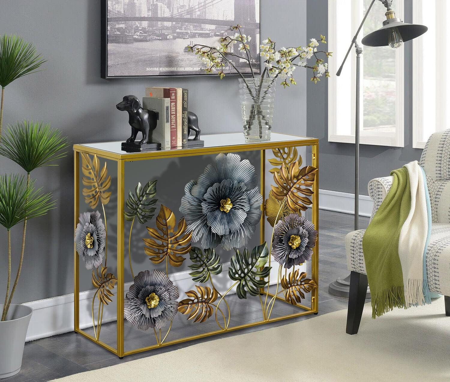 Lewahom Console Table, Vintage Art Sofa Table with Metal Flower Decor, Narrow Entryway Tables with Glass Mirror Tabletop Behind Sofa, Narrow Accent Table for Entryway Living Room Hallway Bedroom