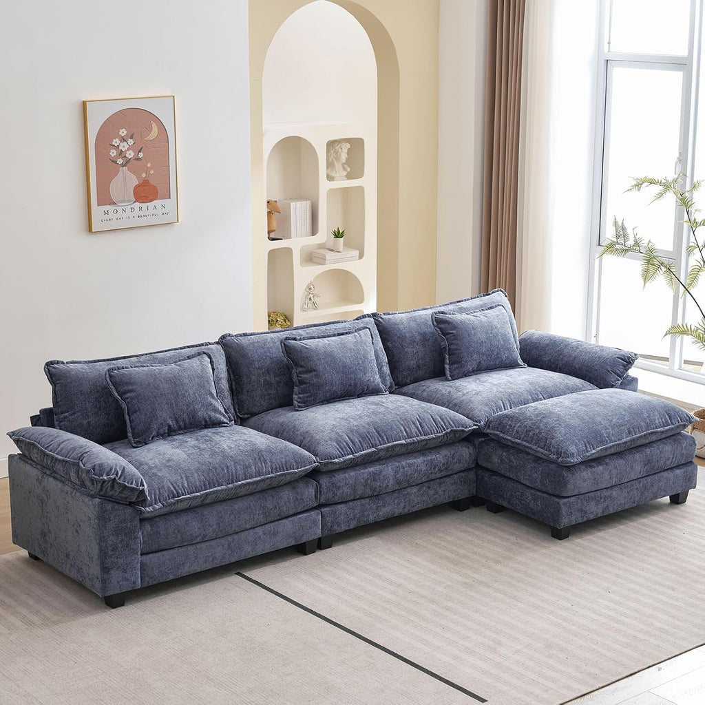Oprisen 120' Modular Sectional Sofa, Comfy Cloud Couch Sectional Sofa with Ottoman, Chenille Sofa Sleeper Deep Seat Sofa with Throw Pillows for Living Room (Blue, 120'- L Shape)