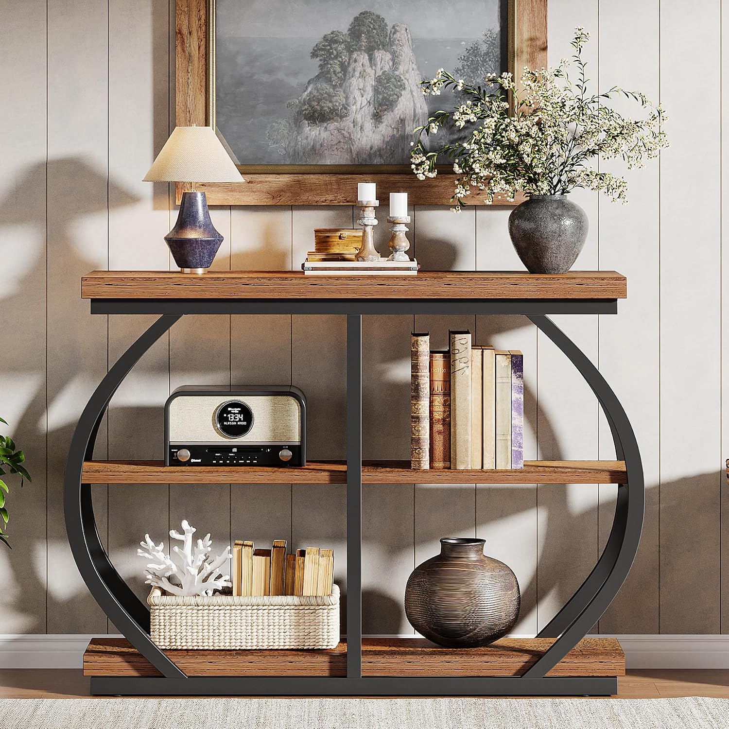 Tribesigns 41.3' Console Table, Industrial 3-Tier Entryway Table with Arched Metal Frame and Storage Shelves for Living Room, Hallway, Mix Brown