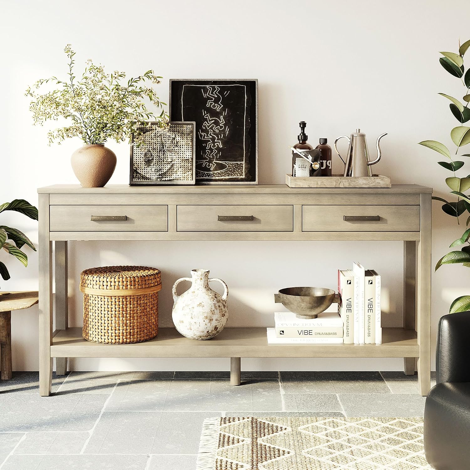 Merax Entryway Console Table, with 3 Storage Drawers, Bottom Shelf Design/Wood Frame/Behind Couch & Sofa, Grey