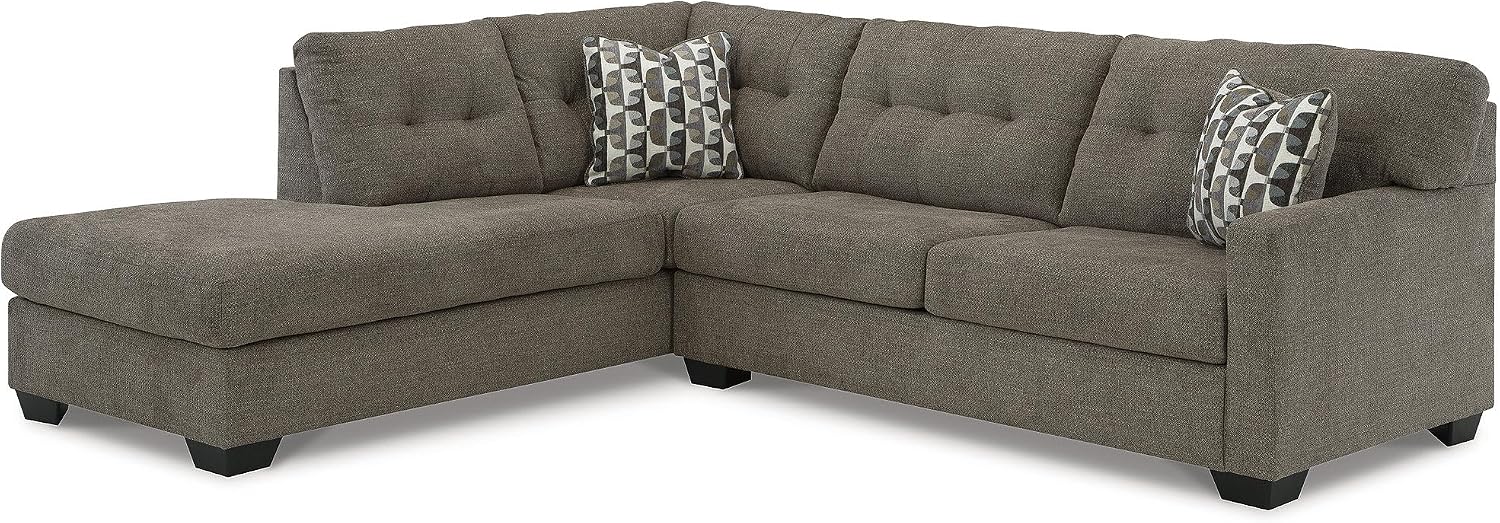 Signature Design by Ashley Mahoney Casual L-Shaped Tufted 2-Piece Sleeper Sectional with Chaise, Bi-Fold Memory Foam Mattress, Loose Seat Cushions and 2 Accent Pillows, Full, Dark Brown