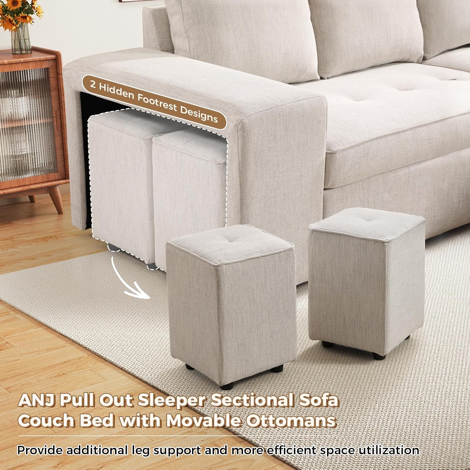 ANJ Chenille Sleeper Sofa Couch with Pullout Bed, 4 in 1 L Shaped Modular Sectional Sofa with Storage Ottoman for Living Room(Beige)