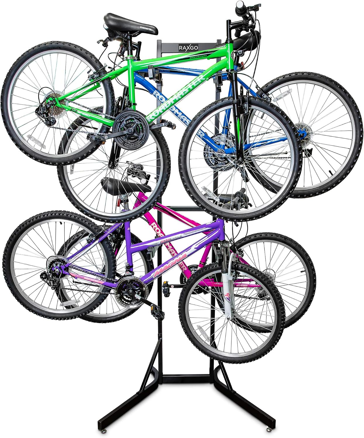 RaxGo Bike Garage Storage Rack, 4 Bicycle Garage Floor Stand, Adjustable, Freestanding, Adjustable Hooks, For Mountain & Road bicycles, Universal For Indoor Use