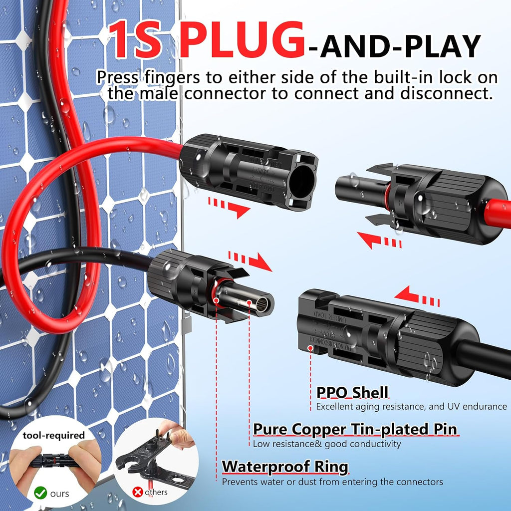 Vansdon 2x100 Feet Solar Panel Extension Cable, 10AWG Solar Cable with Female and Male Waterproof Connectors for RV, Photovoltaic Systems (100FT Red + 100FT Black)