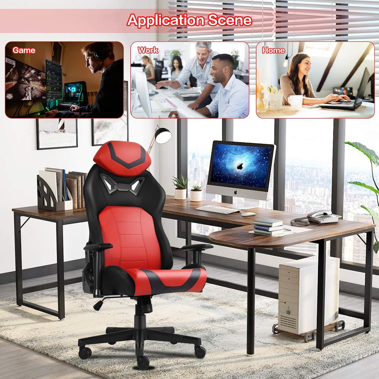 Modern-Depo Ergonomic Gaming Chairs for Adults with High-Density Memory Foam | Swivel Comfortable Office Chair, Big and Tall Video Game Chair, High Back Computer Chair for Home, Office, Red Black