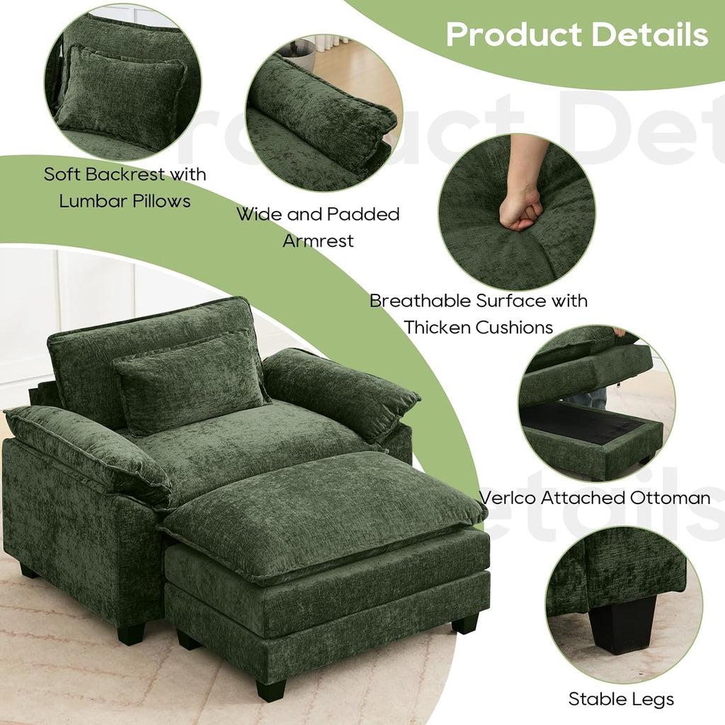 Oprisen 53' Modular Sectional Sofa, Comfy Cloud Couch Sectional Sofa with Ottoman, Chenille Sofa Sleeper Deep Seat Sofa with Throw Pillows for Living Room (Green)