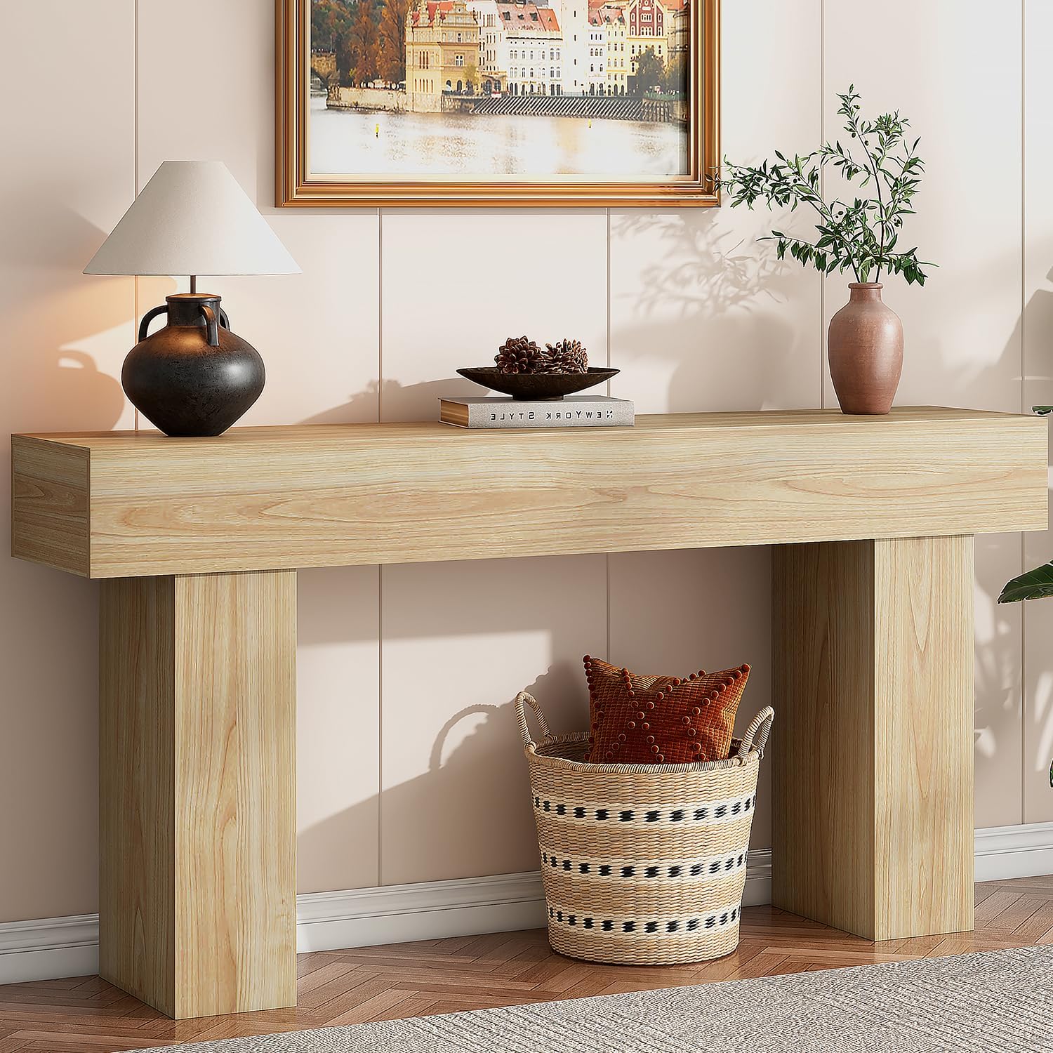 knoworld 63 Inch Long Console Table for Entryway, Farmhouse Wood Rectangular Sofa Table Behind Couch Table, Narrow Entryway Table for Living Room, Entrance, Hallway, Foyer, Easy Assembly (Natural)
