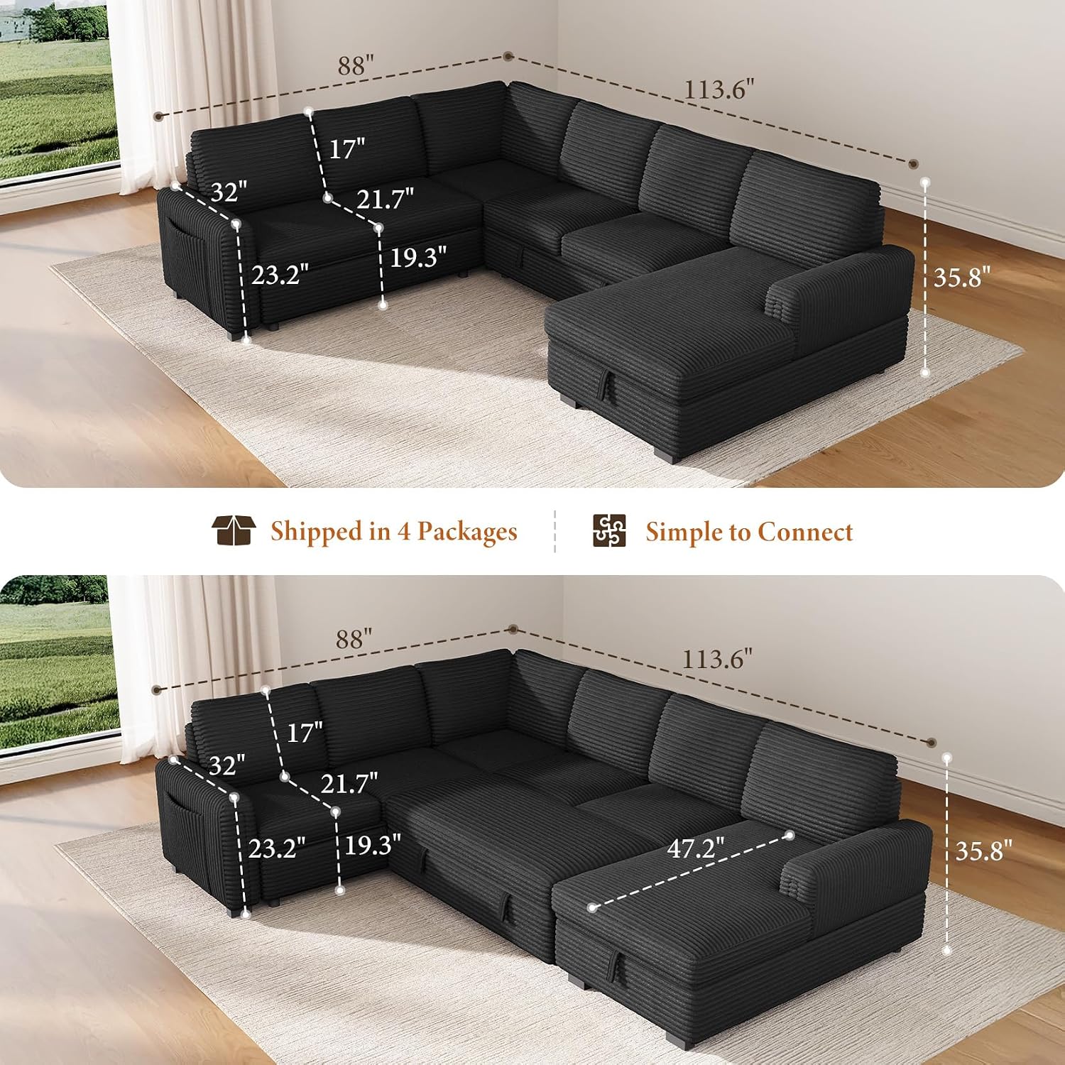 Vesgantti 113.6' Modular Sectional Sofa with Pull Out Couch Bed, 7 Seater U Shaped Sleeper Sofa with Storage Chaise, Corduroy Sectional Couch for Living Room, Bedroom, Apartment, Black