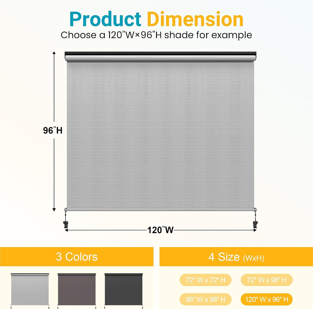 Outdoor Roller Shades for Patio with New Operation Mode (with Pull Rod-No Need Crank), Upgraded Materials Outdoor Shade Roller Up with 95% UV Protection, Outdoor Blinds for Patio Proch