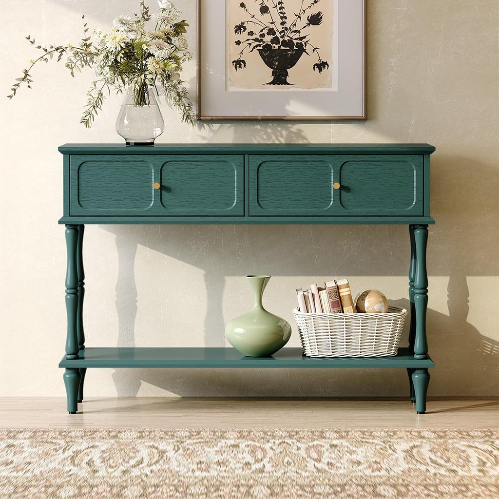 ARTPOWER Mid-Century Console Table for Entryway with 2 Drawers, Green Entryway Table with Storage Cabinets and Open Shelf, Narrow Long Couch Table Behind Sofa for Living Room, Foyer, Hallway