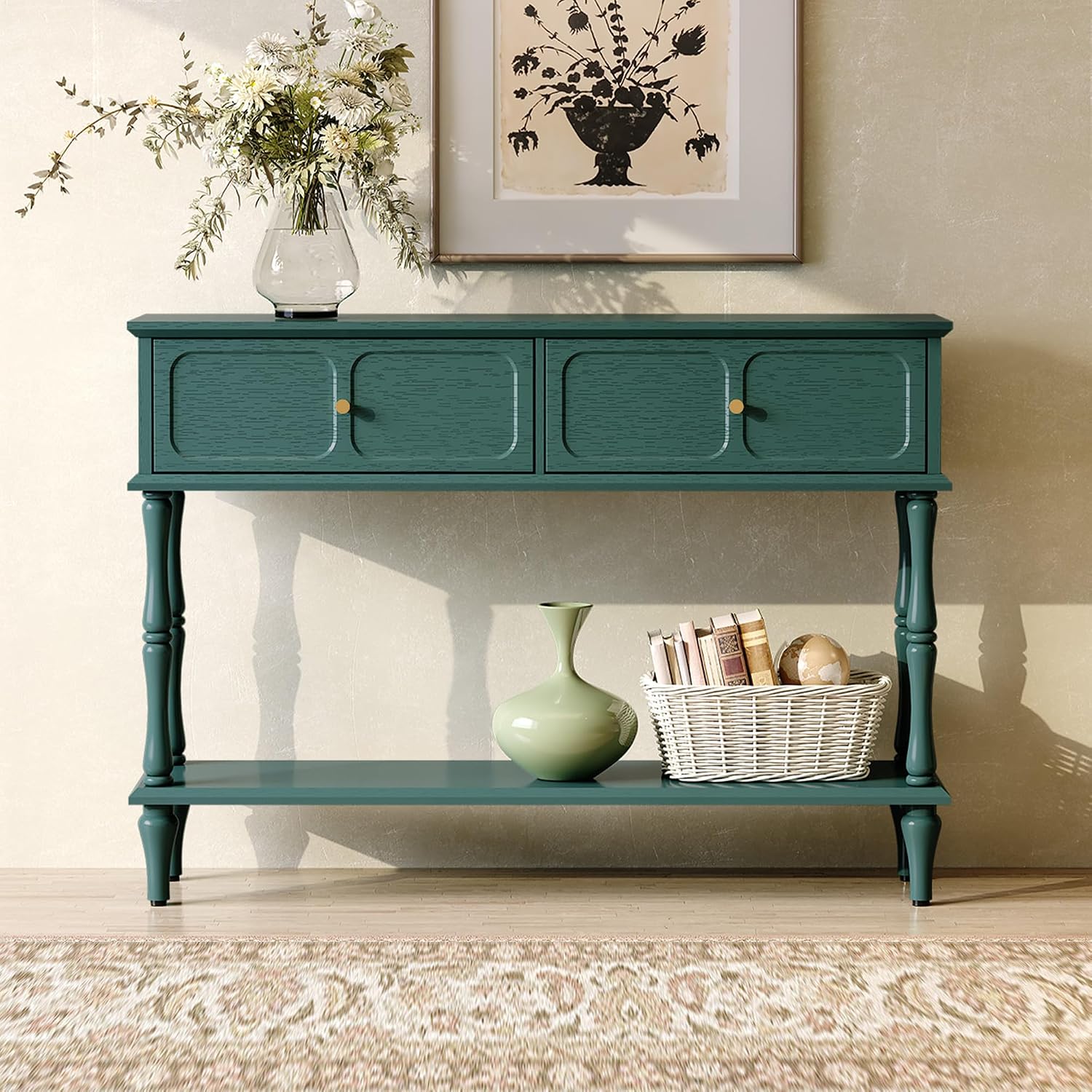 ARTPOWER Mid-Century Console Table for Entryway with 2 Drawers, Green Entryway Table with Storage Cabinets and Open Shelf, Narrow Long Couch Table Behind Sofa for Living Room, Foyer, Hallway