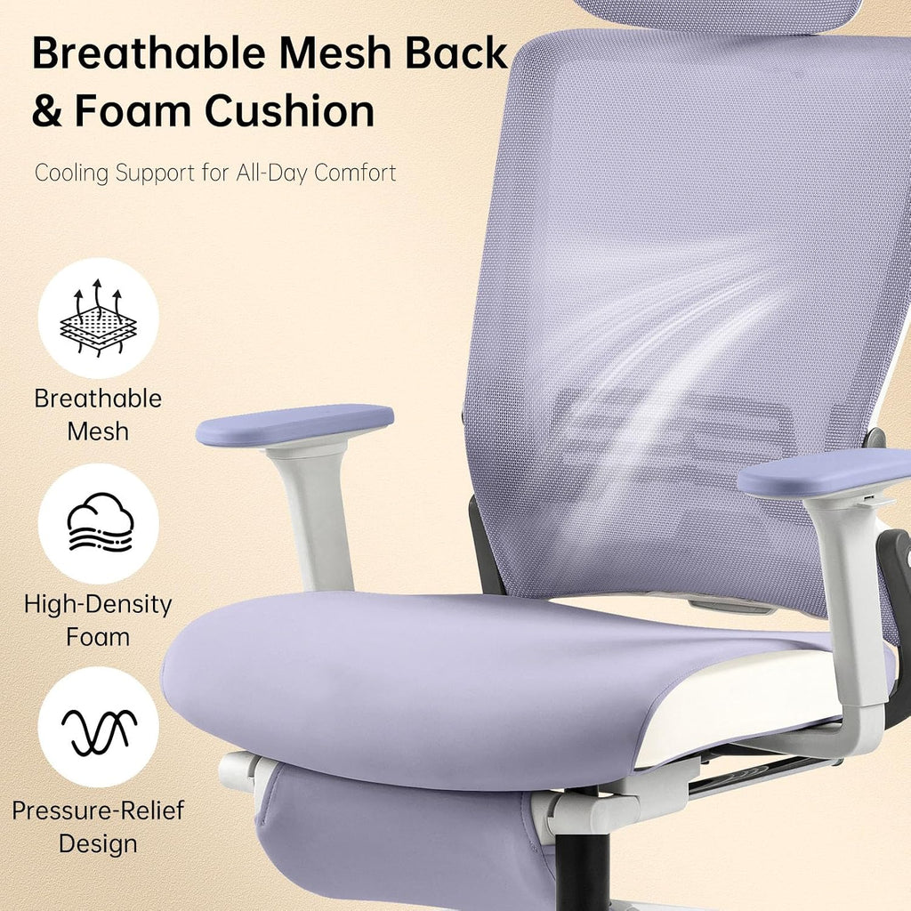 Foldable Office Chair with Foot Rest, Ergonomic Office Chair with Adjustable Lumbar Support, Headrest, Armrest, Home Office Desk Chair for Space Saving, Work from Home, Purple