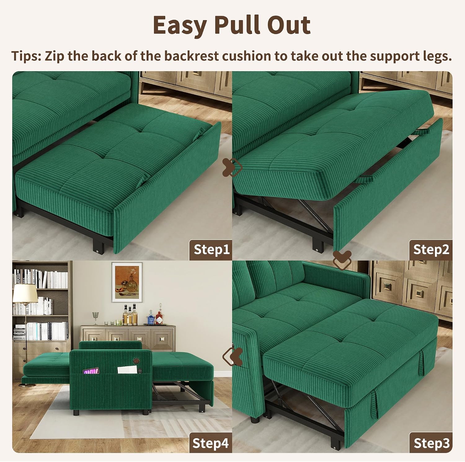 3 in 1 Convertible Sleeper Sofa Bed, Pull Out Couch with Charging Station, Corduroy Small Loveseat Sleeper Sofa with Adjustable Backrest for Apartment, Bedroom, Small Space（Green）