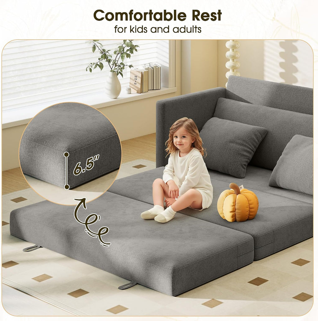 Myroyalsit 65' Convertible Loveseat Sofa Bed, 2-in-1 Folding Sofa Bed with 2 Pillow for Small Spaces, Modern Loveseat Sleeper Couch for Apartment, Living Room & Guest Room (Grey Chenille, 65 inch)