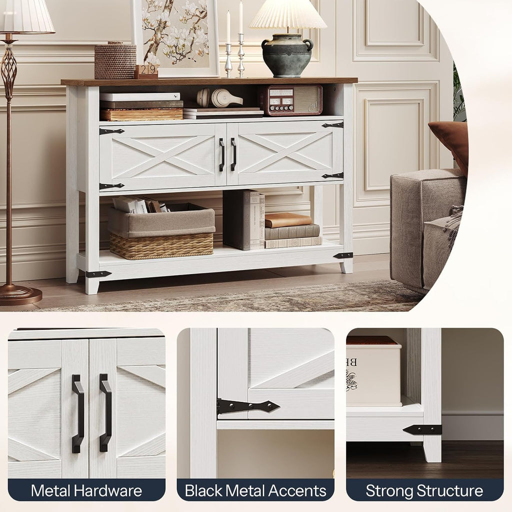 HOOBRO Farmhouse Console Table with Storage, 47.2' Long Entryway Table, White Sofa Table with Doors and Cabinets, Narrow Sofa Table Behind Couch, for Hallway, Foyer, White and Walnut