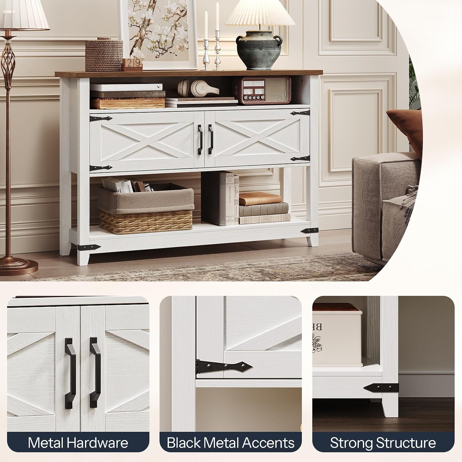 HOOBRO Farmhouse Console Table with Storage, 47.2' Long Entryway Table, White Sofa Table with Doors and Cabinets, Narrow Sofa Table Behind Couch, for Hallway, Foyer, White and Walnut