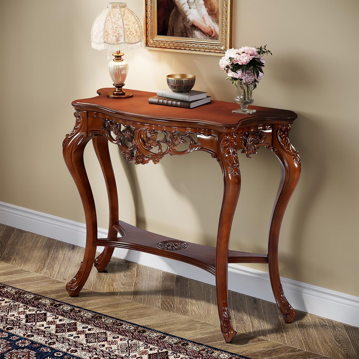 Tribesigns Antique Console Table, 38 Inch Victorian Half Moon Sofa Table with Hollow Floral Apron and Cabriole Legs, Vintage Traditional Decorative Furniture Tables for Entryway, Hallway, Living Room