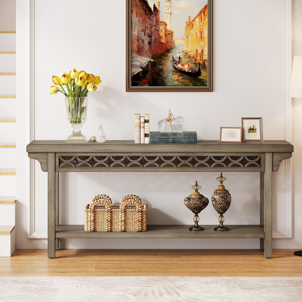 Tribesigns 70.8-Inch Solid Wood Long Console Table, Farmhouse Entryway Table with Storage, Narrow Sofa Table Grey Couch Table for Living Room Entryway Hallway (Gray)