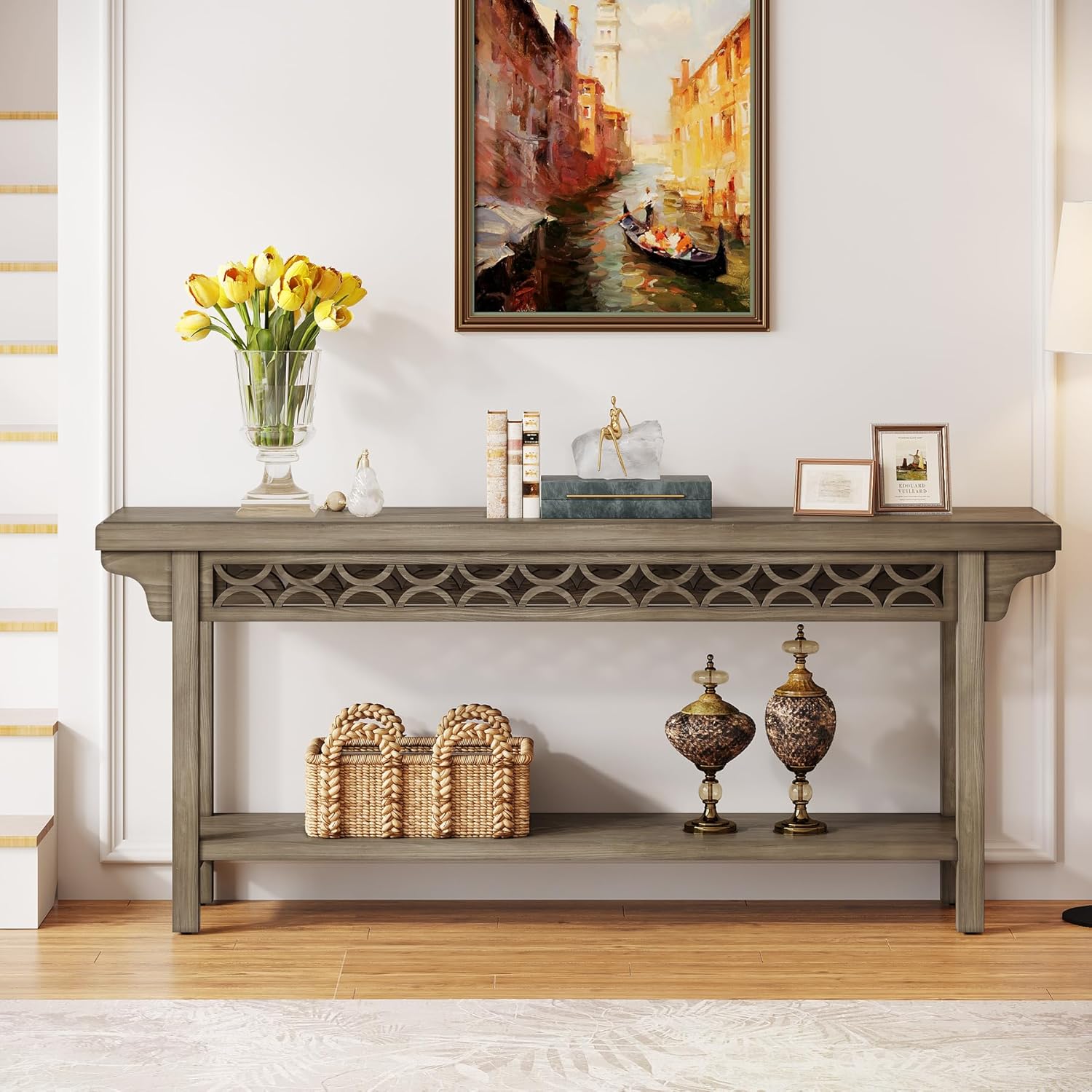 Tribesigns 70.8-Inch Solid Wood Long Console Table, Farmhouse Entryway Table with Storage, Narrow Sofa Table Grey Couch Table for Living Room Entryway Hallway (Gray)