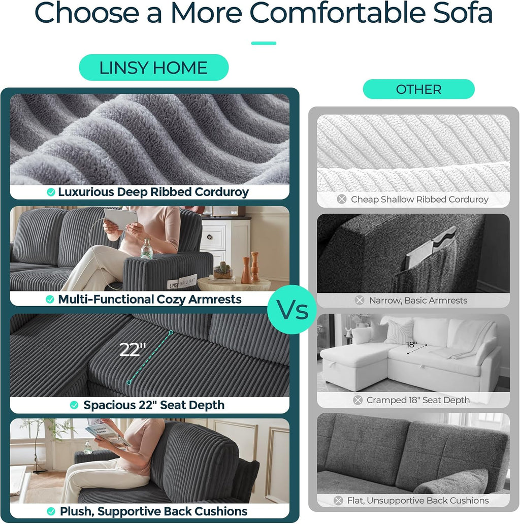 LINSY Home Sleeper Sofa Couch with Storage Chaise & USB Charging, Convertible Sectional Pull Out Sofa Bed with Plush Corduroy Fabric, Modular Sectional Couches for Living Room Apartment (Grey)