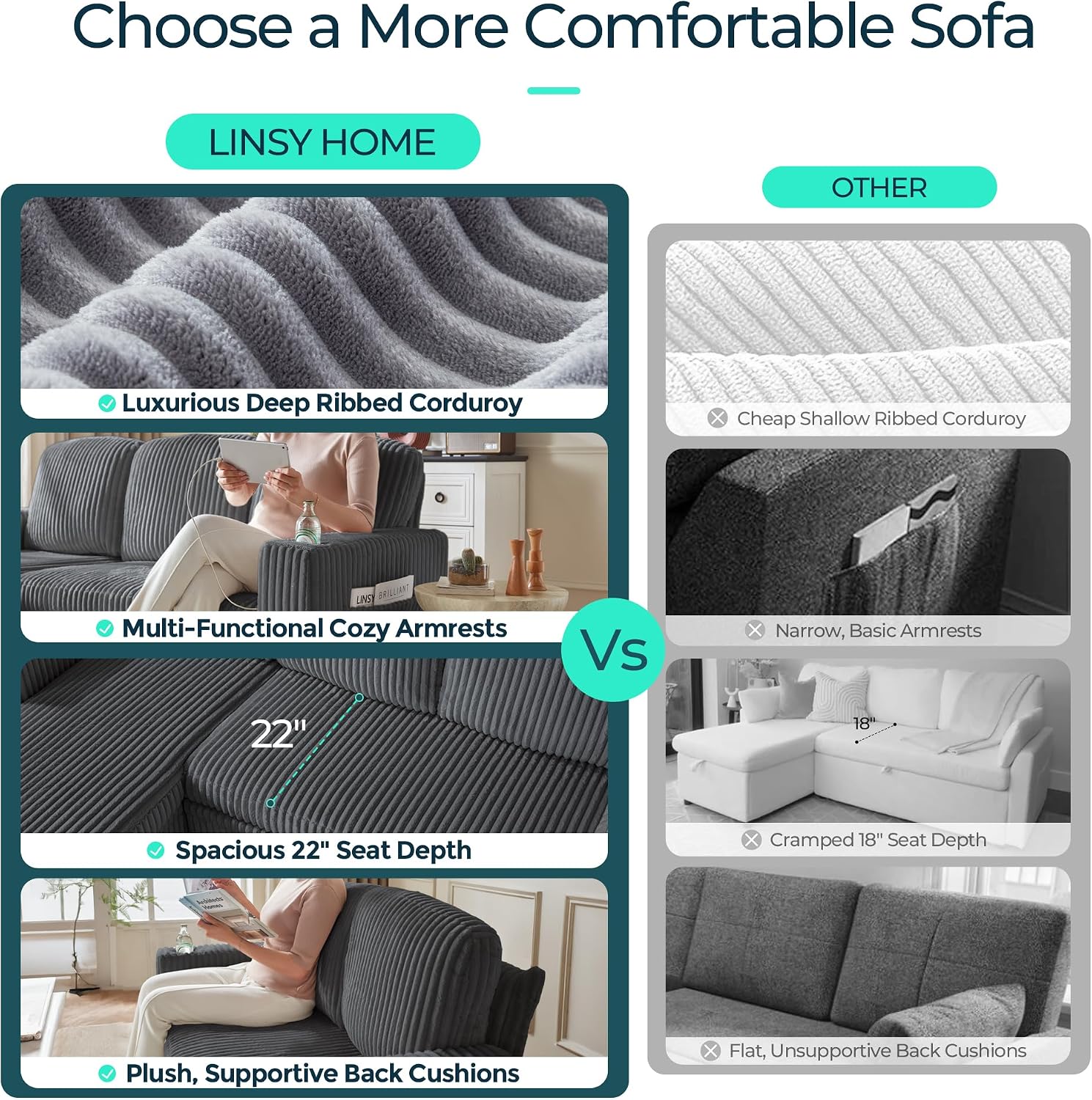LINSY Home Sleeper Sofa Couch with Storage Chaise & USB Charging, Convertible Sectional Pull Out Sofa Bed with Plush Corduroy Fabric, Modular Sectional Couches for Living Room Apartment (Grey)