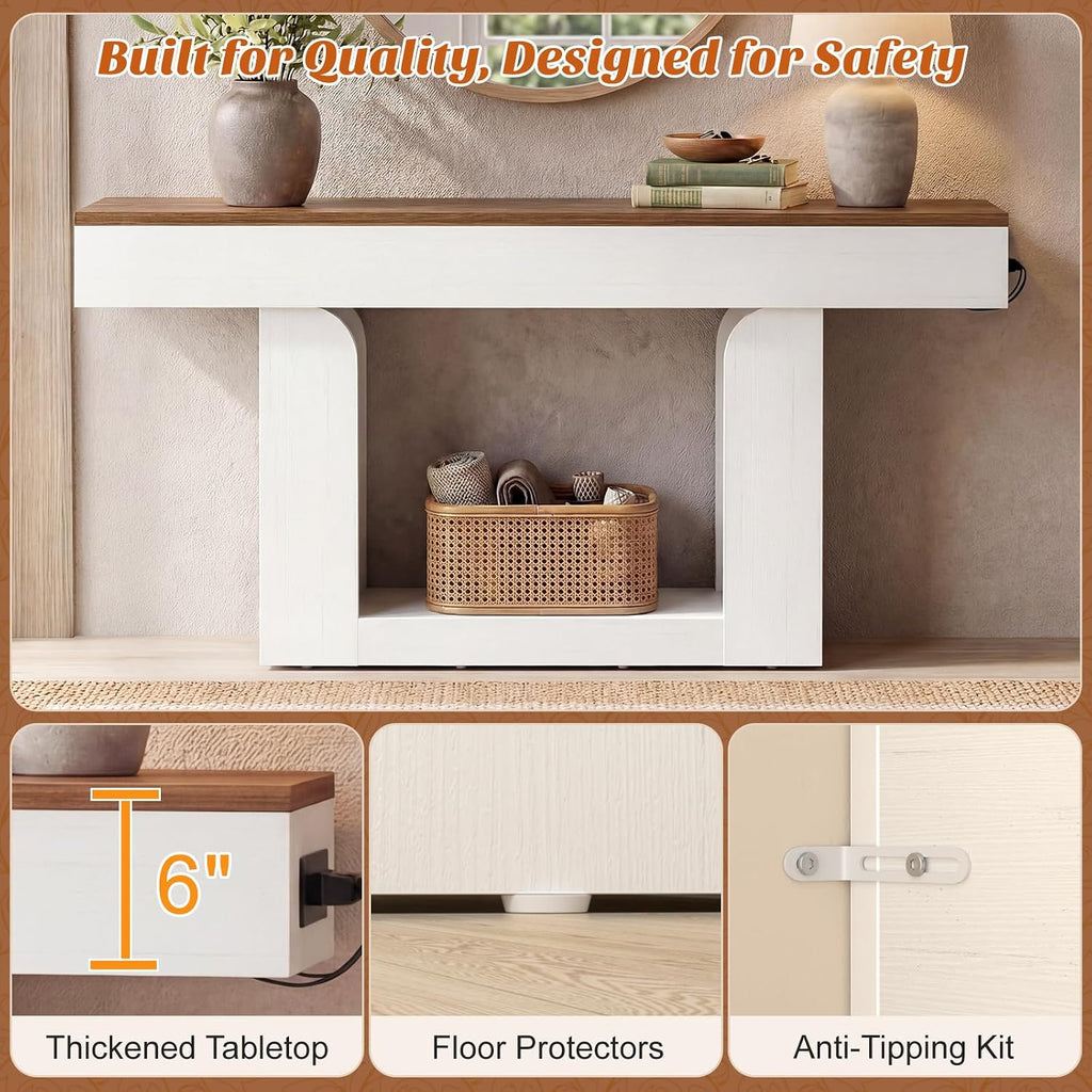Homieasy Console Table, 63' Entryway Table with LED Lights & Charging Station, Farmhouse Wooden Sofa Table Behind Couch, Narrow Hallway Table for Living Room, Foyer, Entry, Antique White & Brown