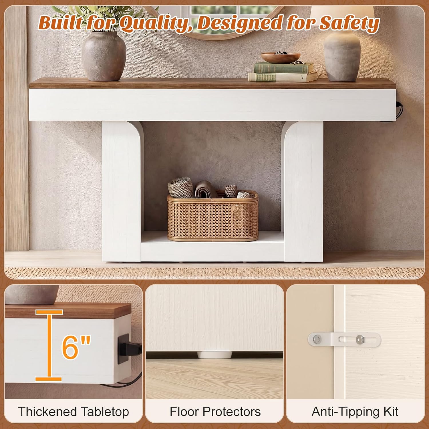 Homieasy Console Table, 63' Entryway Table with LED Lights & Charging Station, Farmhouse Wooden Sofa Table Behind Couch, Narrow Hallway Table for Living Room, Foyer, Entry, Antique White & Brown
