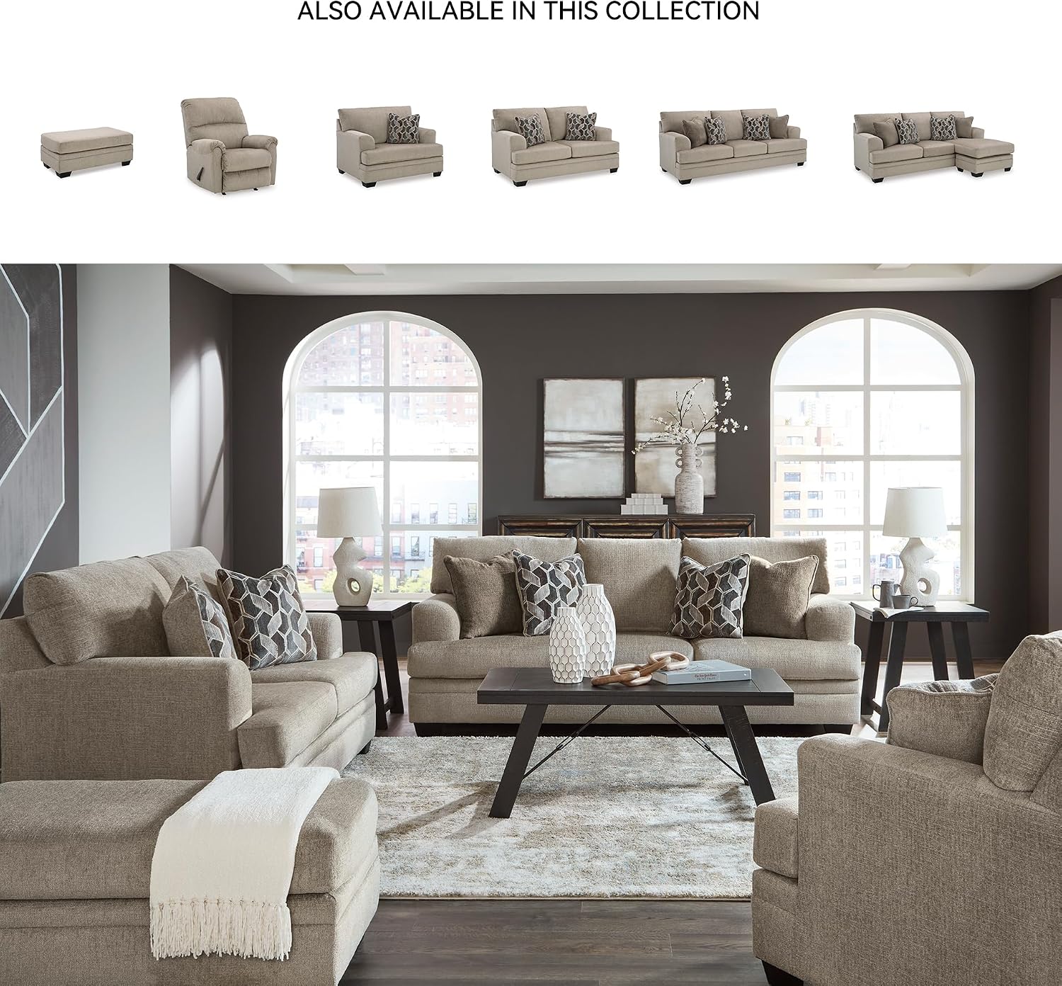 Signature Design by Ashley Stonemeade Casual Sofa with 4 Toss Pillows, Light Brown