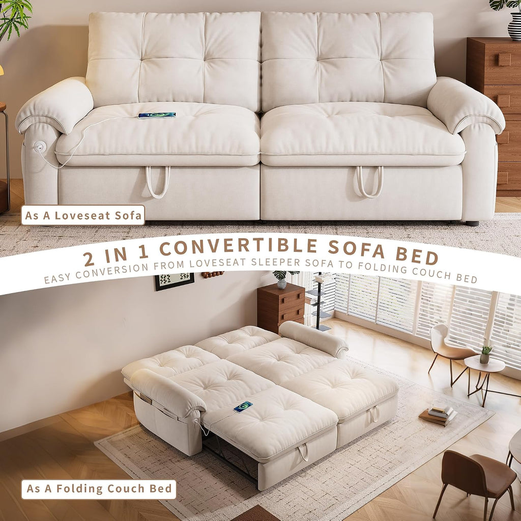 77' Queen Size Sofa Bed, Loveseat Sleeper Sofa with Pull Out Bed, Pockets and USB, Modern 2 Seater Convertible Small Couch for Living Room Bedroom Apartment, Beige