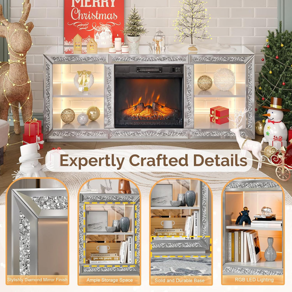 Bonnlo Mirrored Fireplace TV Stand for 70' TV, Diamond Entertainment Center with Shelves & 20 Color LED Lights, Modern Electric Fireplace TV Stand for Living Room/Bedroom (Assembled)