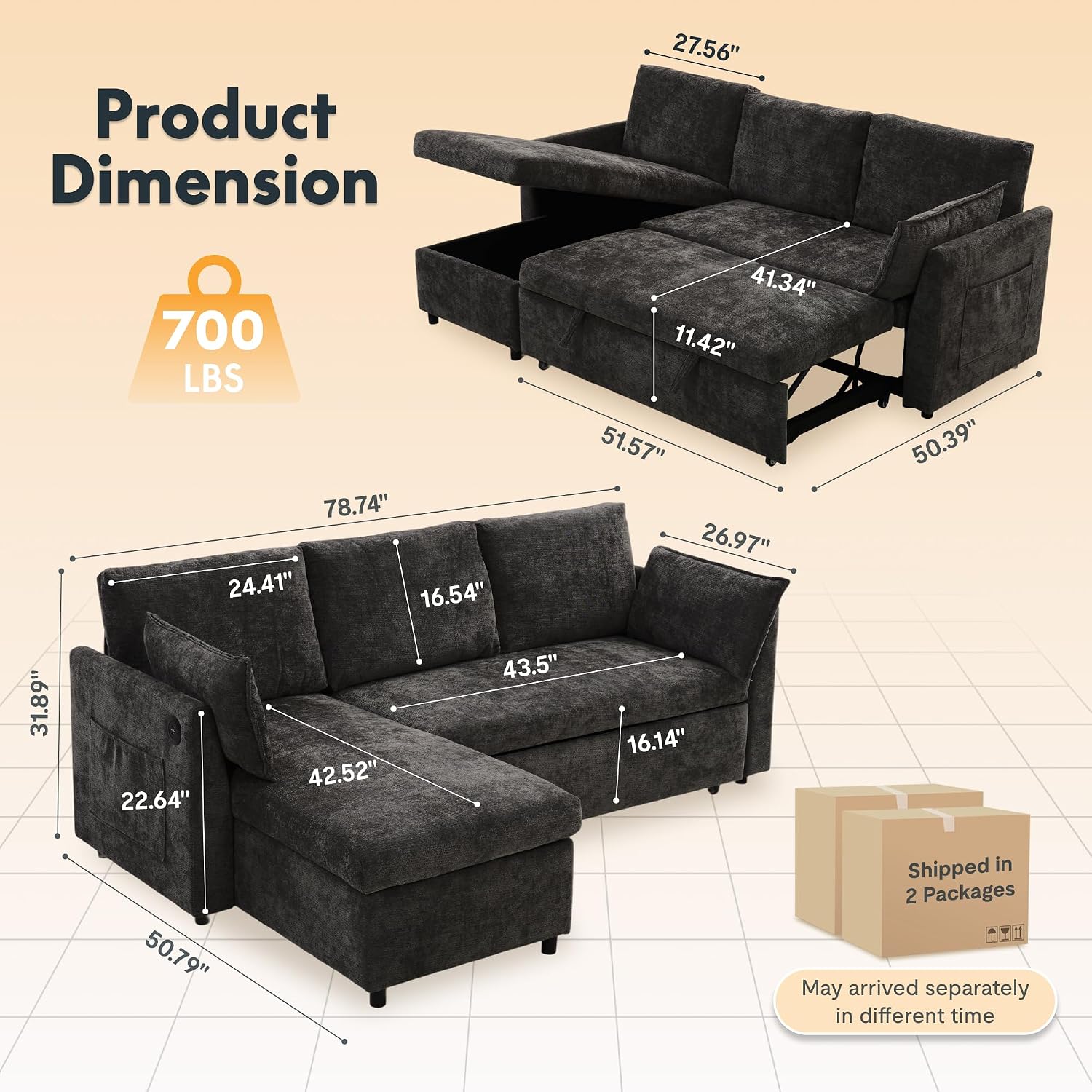 FLEXISPOT XB5 78' Pull Out Couch Bed with Storage Chaise, 2-in-1 Convertible Sofa Bed with USB Charging Ports, 3-Seater Sectional Sofa Couch for Living Room Apartment, Easy to Assemble(Dark Gray)