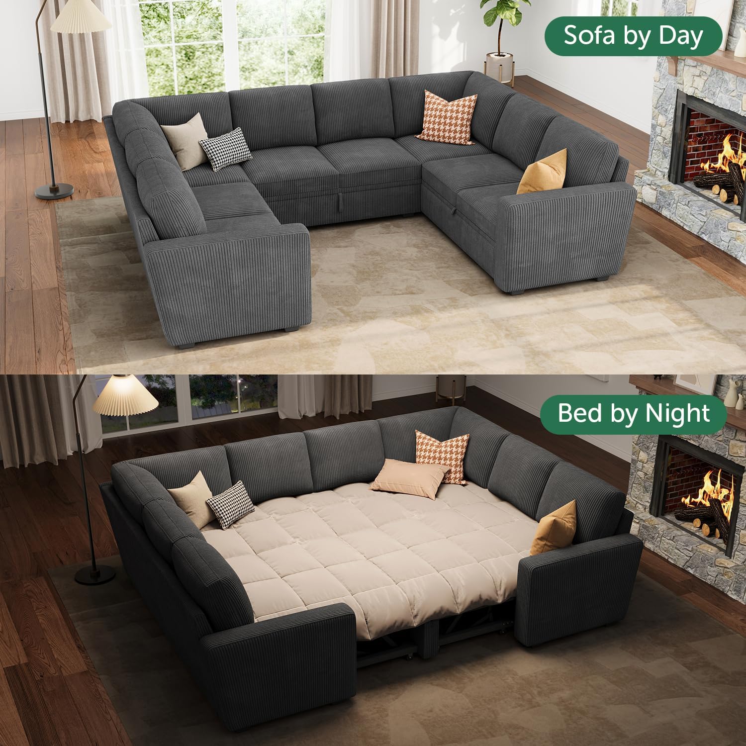 HONBAY Modular Sectional Pull Out Couch Bed, Corduroy Sleeper Sofa with Storage Seats, Oversized U Shaped Sectional Couches for Living Room, Dark Grey