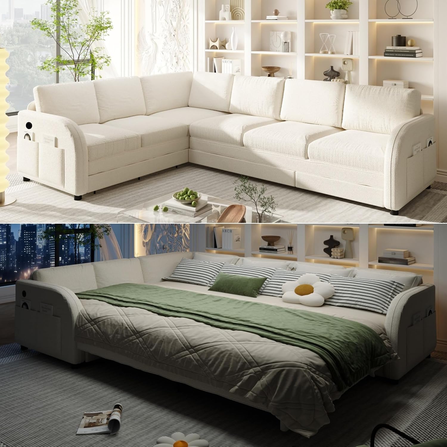 ITVZ King Size Sleeper Sofas Convertible Couches, White L Shaped Sectional Couch with Pull Out Bed, Oversized 6-Seat Sectional Sofa with Convert Left/Right Facing and USB Port for Living Room