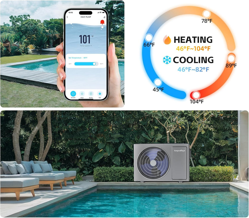 Electric Pool Heater for Inground Pool 27000 BTU Swimming Pool Heat Pump Above Ground Pool Heater 120V 7000 Gallon Heating or Cooling WiFi Control Schedule
