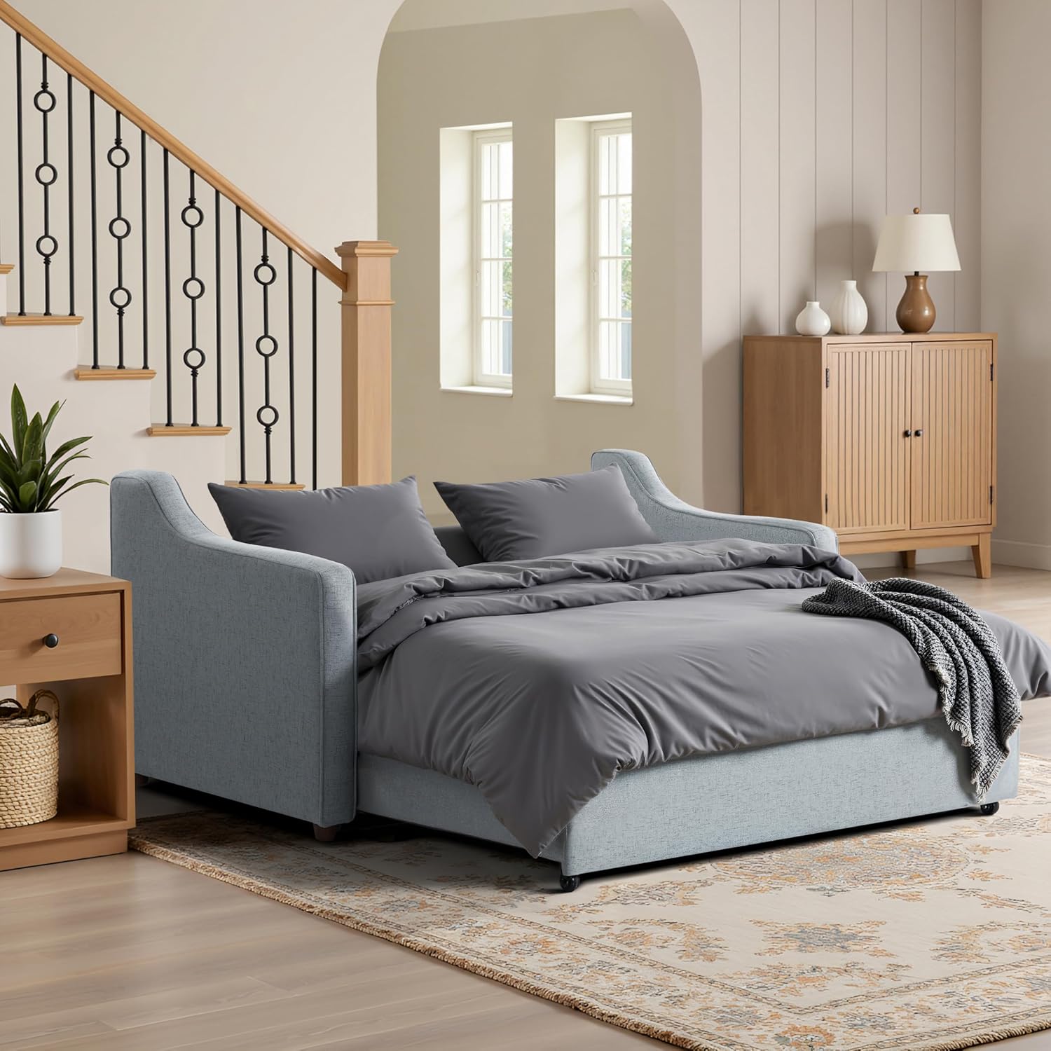 Serta® Corren 68.1' Queen Sized Convertible Sofa, Dream Coil® Comfort, Fingerguard® Pinch Point Protection, Sofa Chenille Fabric, Light Gray